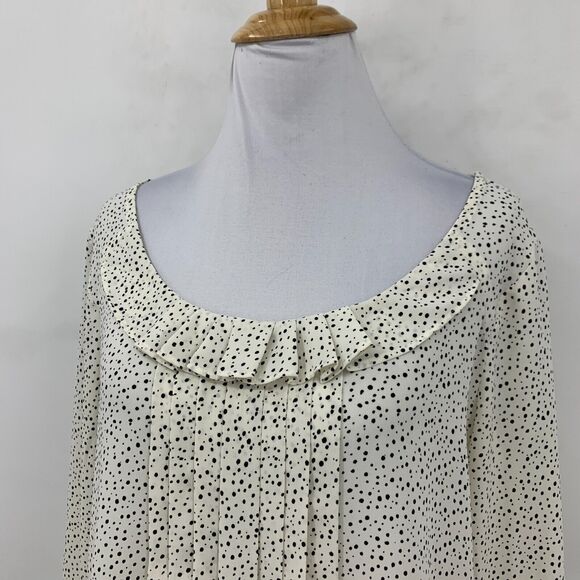 Loft Ann Taylor Pintuck Blouse Womens S Small Cream Ruffle Neck Polka Dot Sheer - Picture 3 of 13